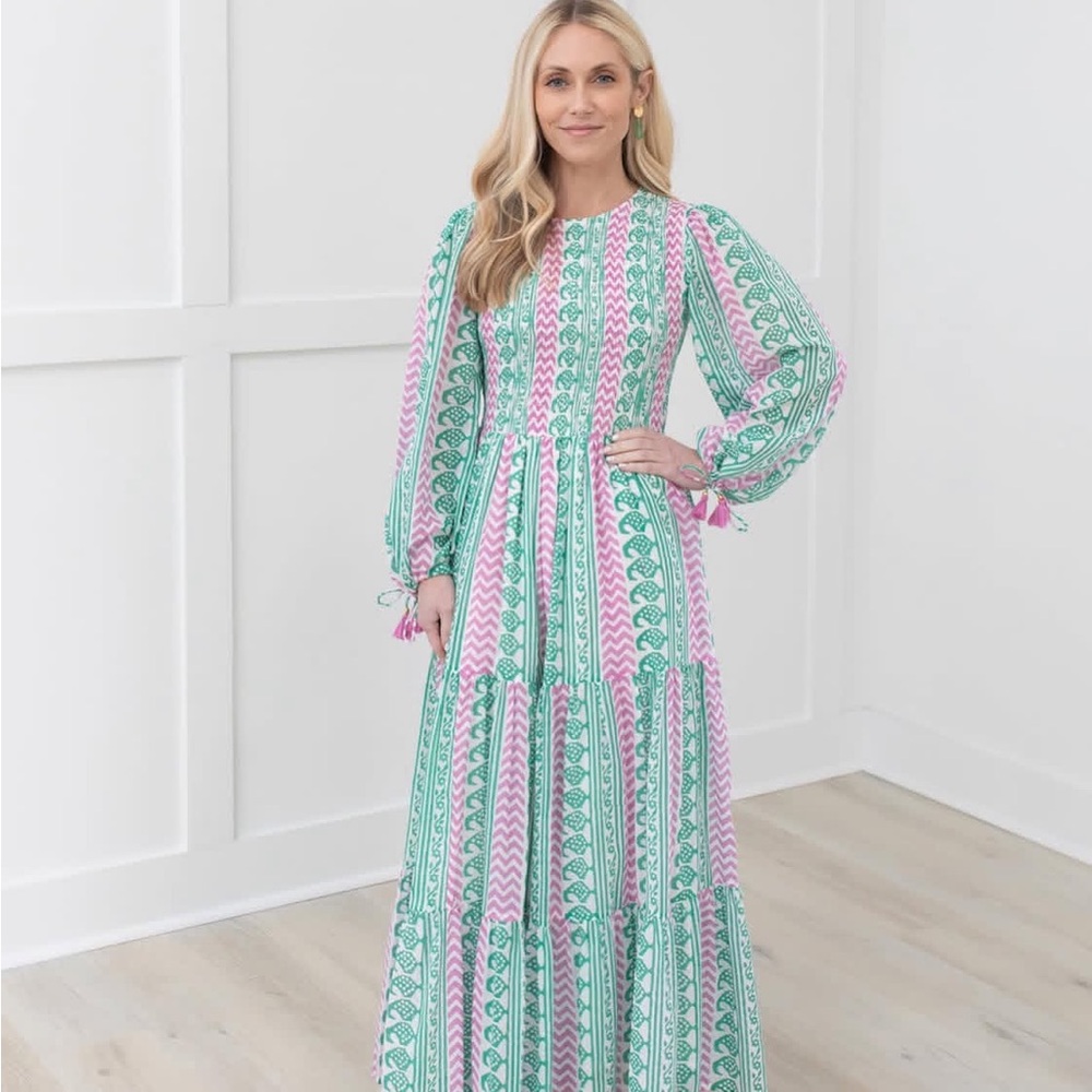 Oliphant Long-Sleeve Tiered Maxi Dress in Green and Pink